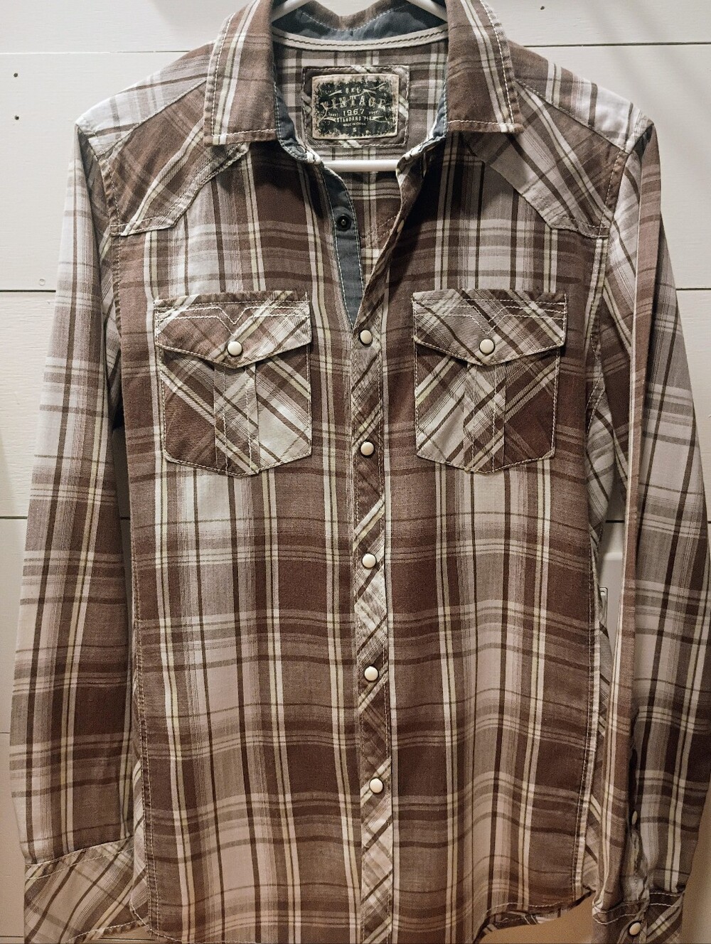 BKE VINTAGE MenStandard Fit Size S Heritage Brown/White Plaid Button-Down Shirt